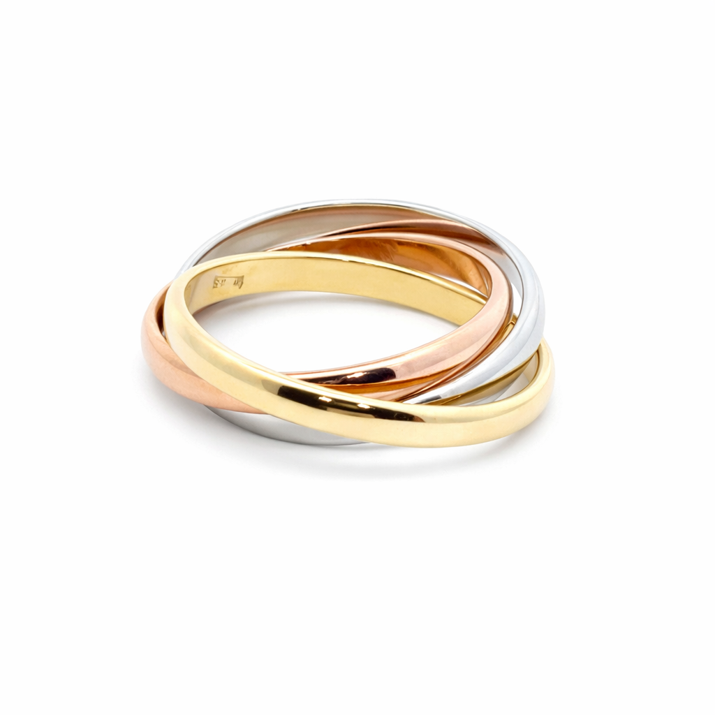 Anello tre fedi unite oro giallo, bianco e rosa (1800)