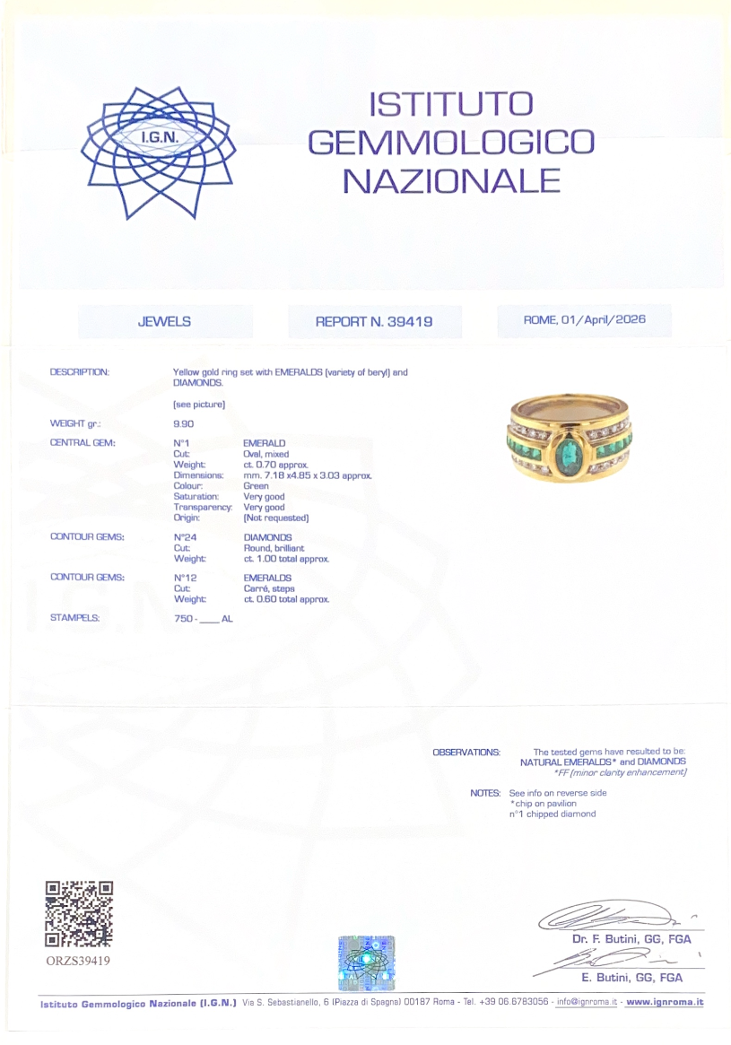 Anello fascia in oro giallo smeraldi e diamanti (2007)
