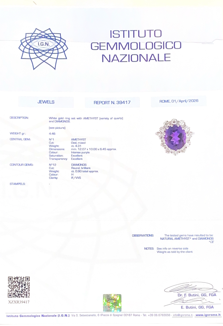 Anello in oro bianco con ametista e diamanti (1742)