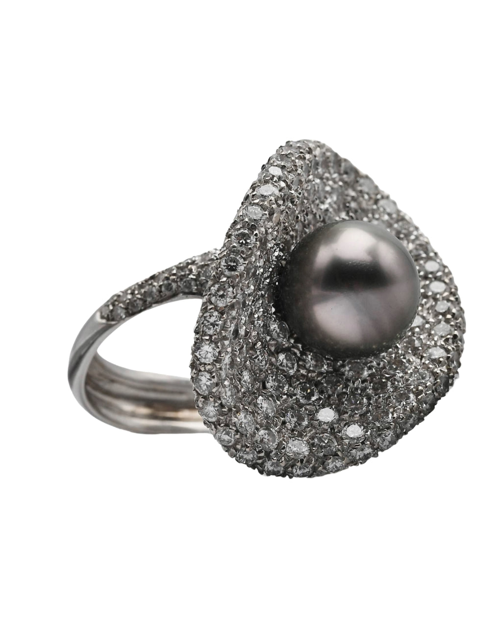 Anello in oro bianco con perla grigia Tahiti e diamanti